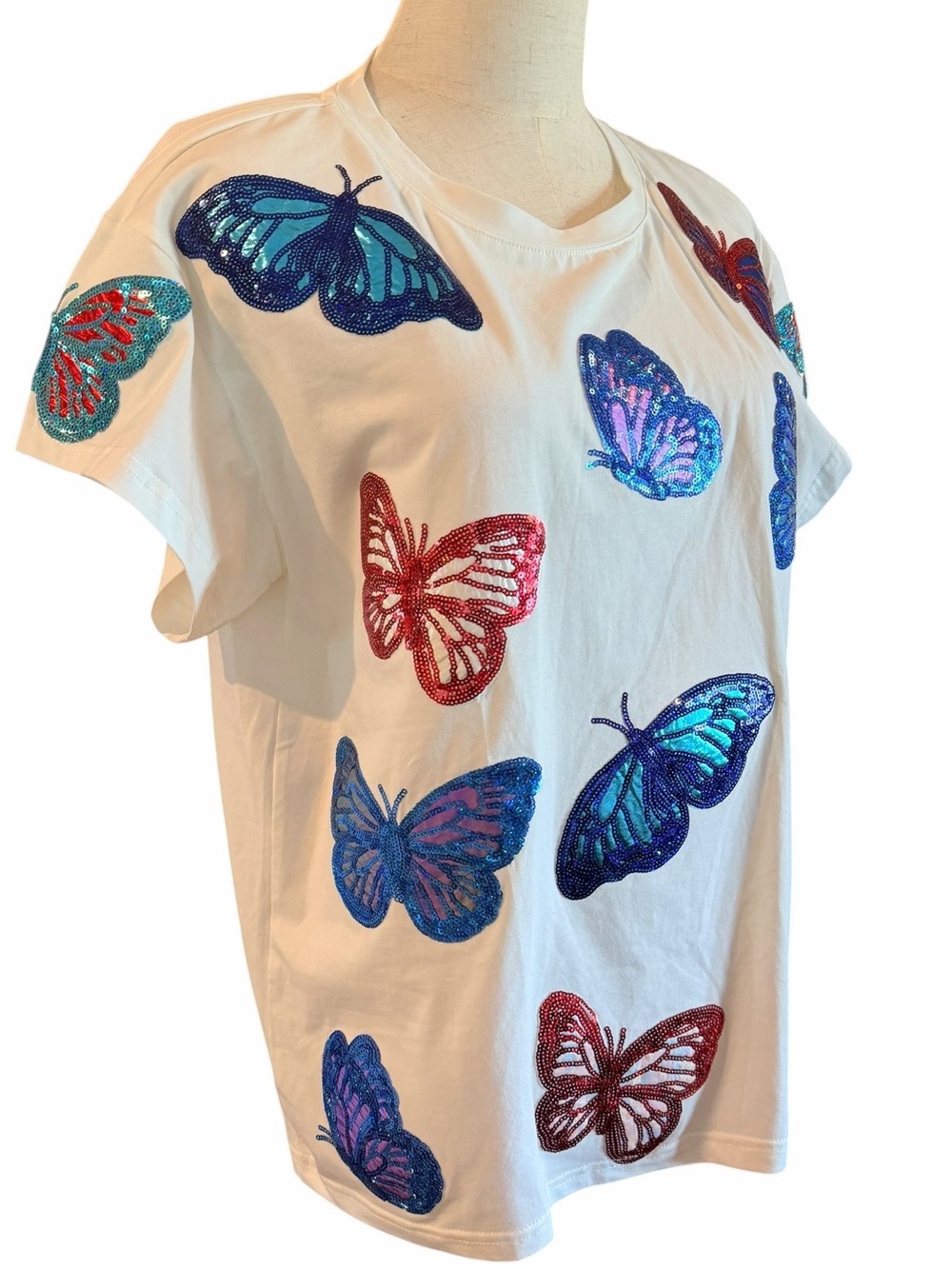 Queen of Sparkles Butterfly Sequin Tee White Multicolor Graphic Top Sz S - Picture 6 of 12
